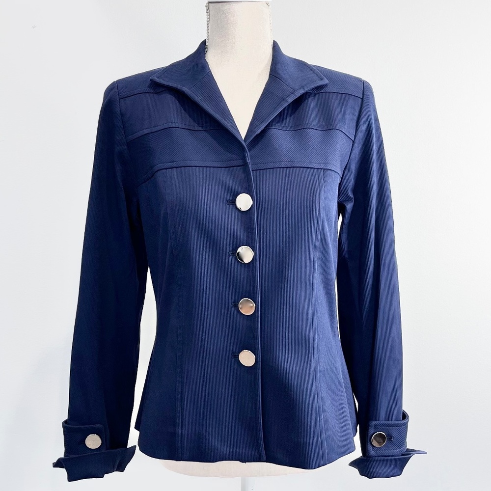 Juliana Collection Ribbed Navy Blue Fitted Blazer Jacket